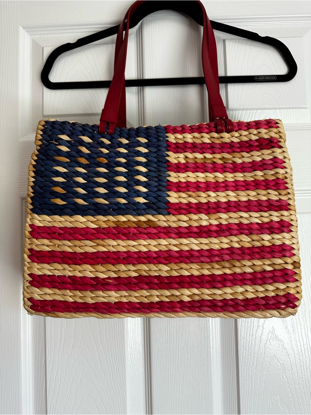 Vintage 90’s Woven Patriotic Straw Tote with Red Handles